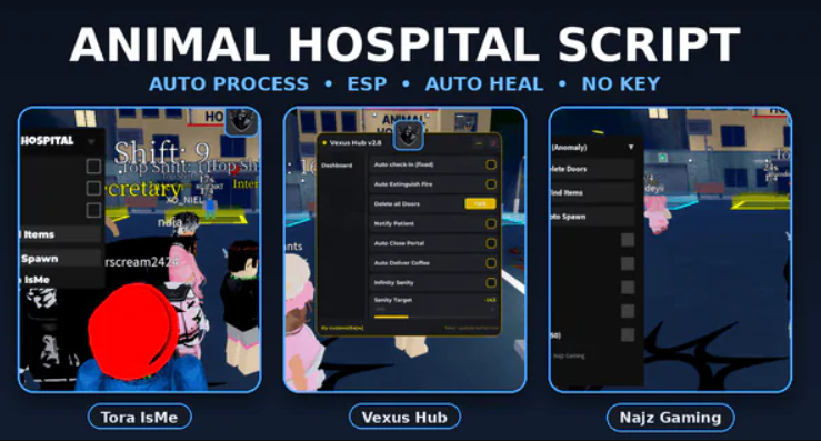 Animal Hospital scripts comparison with Tora IsMe, Vexus Hub, and Najz Gaming panels